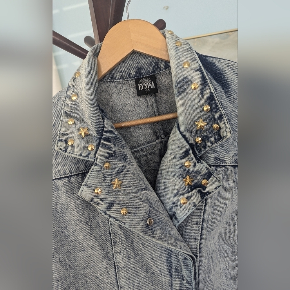 Vtg 80sEunina U.S.A. Acid Wash Jeans Jacket Copped Size L - Picture 11 of 14